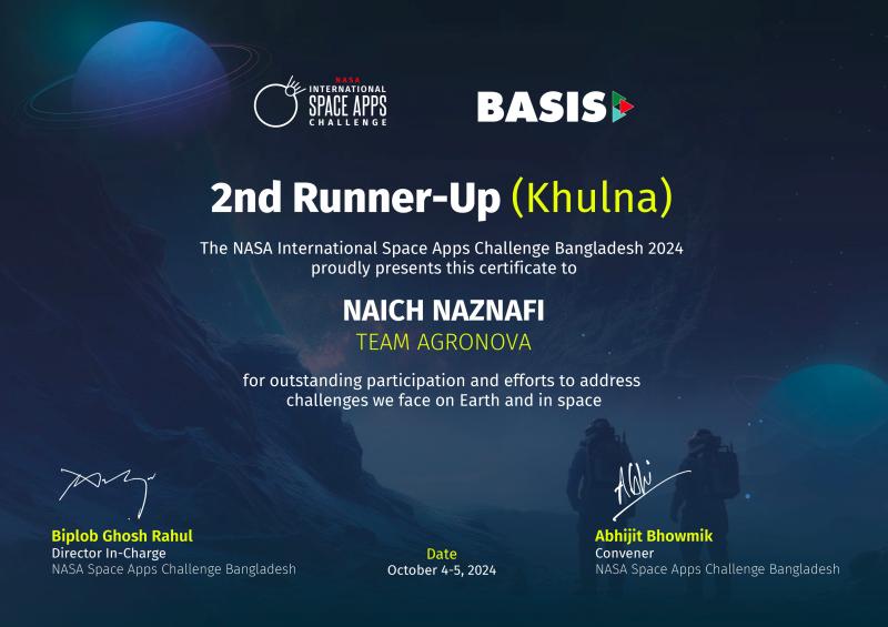 Team AgroNova has clinched the 2nd Runner-Up title at the NASA Space Apps Challenge in Bangladesh 2024
